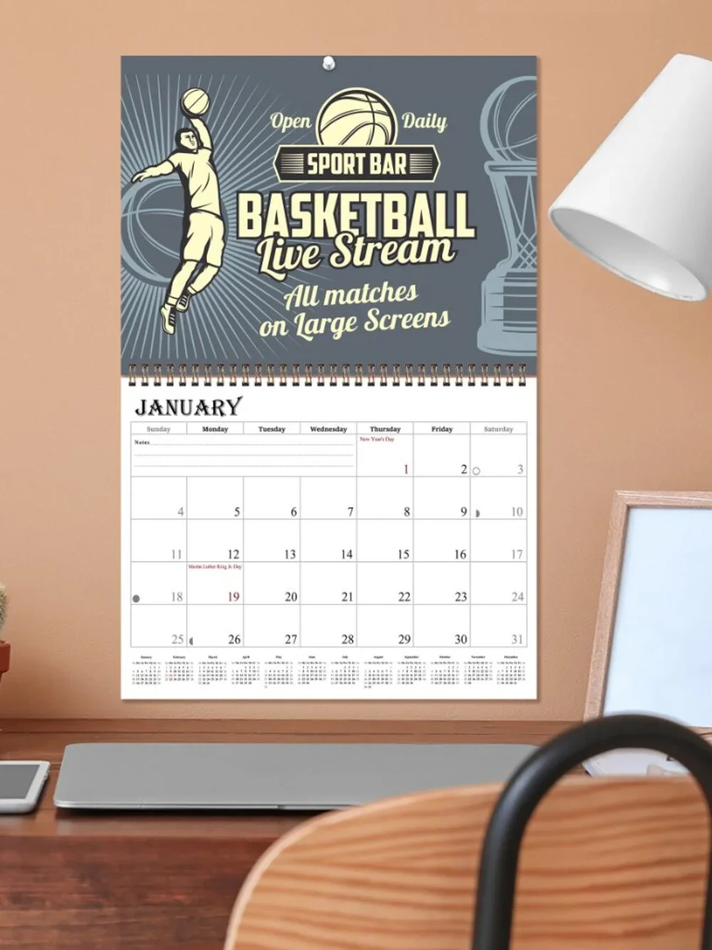 2027 Spiral-bound Wall Calendar (Basketball) - 12 Months Desktop (11x17)